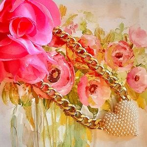 Pearl Cubin Link Heart Necklace - Goldtone